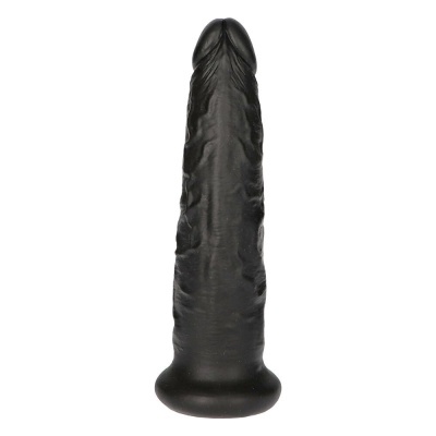 Dildo preto com textura detalhada e base larga