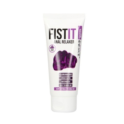 Tubo branco de gel relaxante anal com texto preto e roxo e imagem de punho roxo