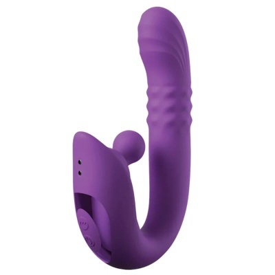Vibrador duplo roxo em silicone com botão de controlo