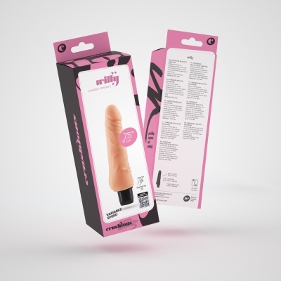 Caixas de vibradores realísticos da marca Crushious com texto willy {realistic vibrator} em embalagem rosa e preta