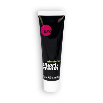 Tubo preto e branco de creme estimulante para clítoris com texto e volume visível