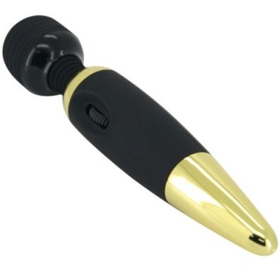 Vibrador preto com detalhes dourados e botão deslizante