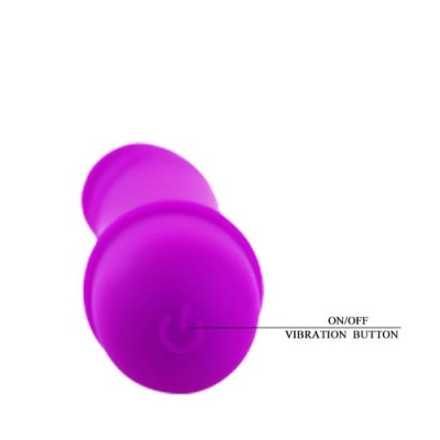 Dispositivo roxo de silicone com botão de ligar/desligar e texto explicativo
