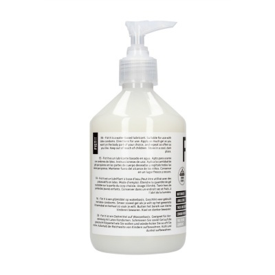 Frasco branco com doseador de lubrificante à base de água e texto multilíngue