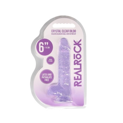Dildo transparente lilás em embalagem branca com texto roxo.