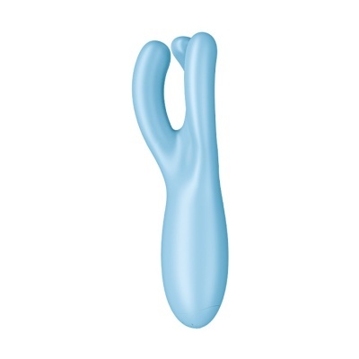 Vibrador azul claro bifurcado em silicone com fundo branco