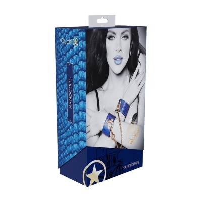 Caixa azul com algemas azuis e imagem de mulher a usar algemas