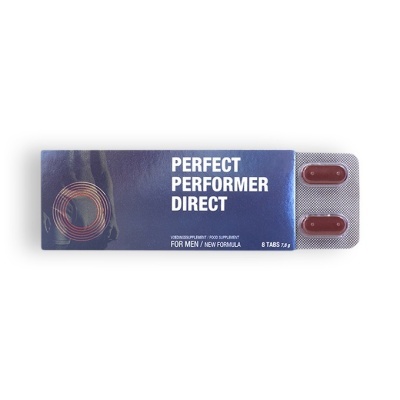 Embalagem azul escura de suplemento alimentar PERFECT PERFORMER DIRECT com 2 comprimidos castanhos visíveis