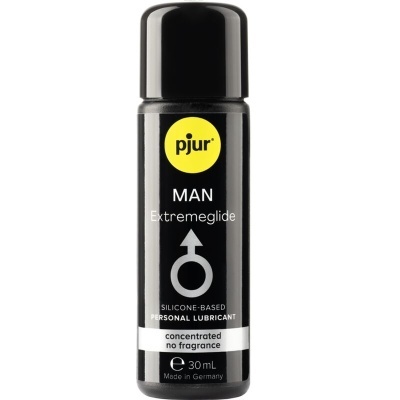 Frasco preto de lubrificante pessoal pjur MAN Extremeglide com tampo preto e rótulo com texto e símbolo masculino.