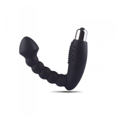 Produto preto de silicone curvo com ponta metálica prateada e textura com relevos