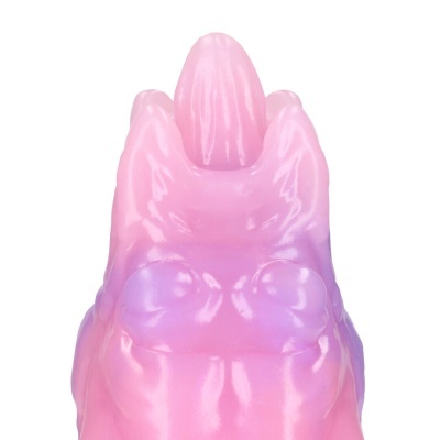 Boneco de plástico translúcido rosa e lilás com relevo e chifre