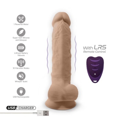 Dildo bege em silicone com textura, comando remoto roxo, cabo USB e ícones de funcionalidades.