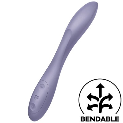 Vibrador roxo flexível de silicone com botões na base e símbolo indicando flexibilidade BENDABLE