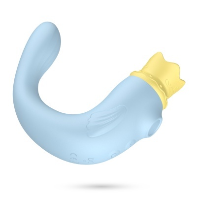 Produto curvado azul claro com detalhe amarelo ondulado e elementos em relevo