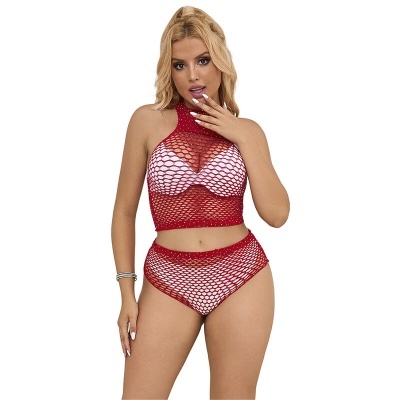 Conjunto de lingerie feminino vermelho em rede com base branca
