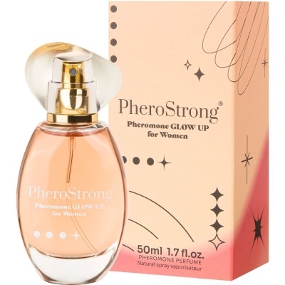 Frasco de perfume PheroStrong com caixa rosa e detalhes dourados