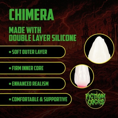 Imagem com texto promocional verde sobre fundo vermelho escuro mostrando características do produto CHIMERA em silicone.