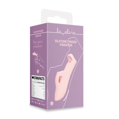 Caixa lilás com imagem de vibrador de dedo em silicone cor bege claro