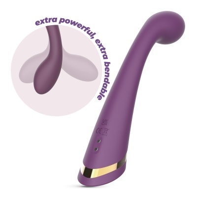 Vibrador roxo curvado com detalhes dourados e texto promocional