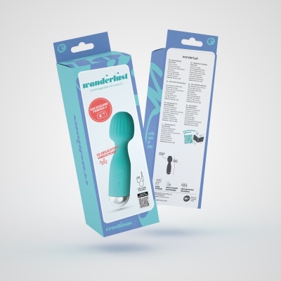 Vibrador azul-turquesa em embalagem azul e branca com texto e selo vermelho