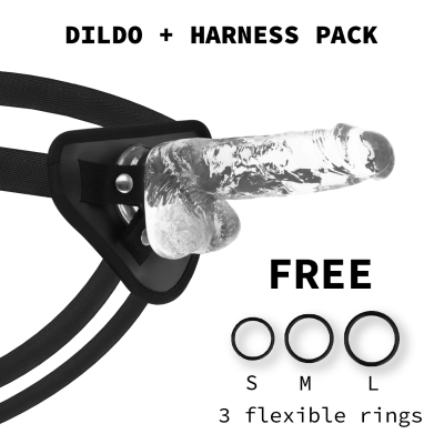 Pack de cinto com dildo transparente e três anéis flexíveis