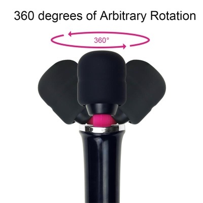 Dispositivo preto com botão rosa e texto sobre rotação 360°