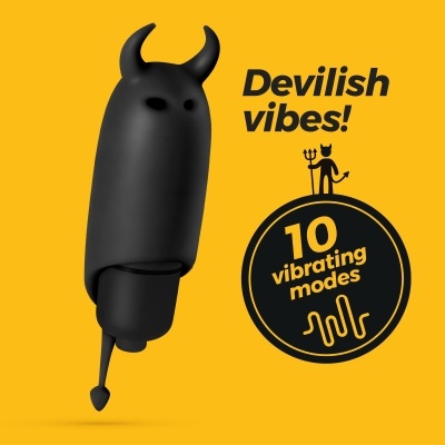 Dispositivo preto com chifres e texto sobre vibrações em fundo amarelo