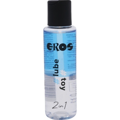 Frasco cilíndrico de gel lubrificante EROS com líquido azul e texto impresso.