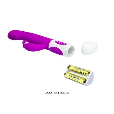 Vibrador rosa com tampa branca e pilhas AAA amarelas ao lado.