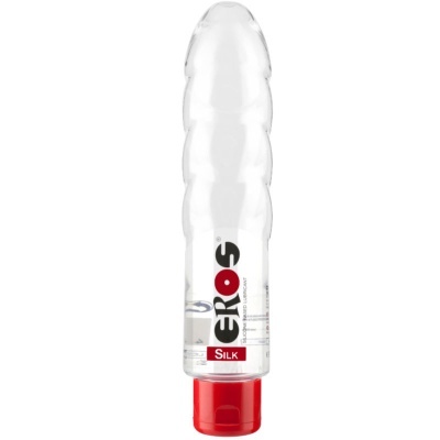 Frasco transparente em forma de dildo com tampa vermelha e etiqueta com texto EROS e SILK.