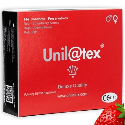 Caixa vermelha de preservativos Unil@tex Deluxe Quality com morango no canto inferior direito