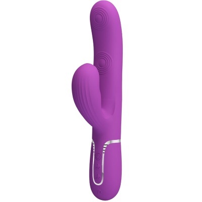 Vibrador roxo em silicone com textura circular e painel de controle