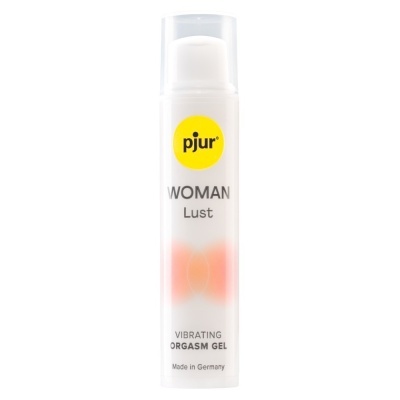 Frasco de gel vibratório pjur WOMAN Lust branco com tampa transparente e rótulo amarelo