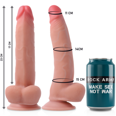 Dildo realista cor pele ao lado de lata azul com texto ROCK ARMY MAKE SEX NOT WAR