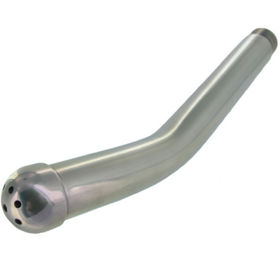 Tubo metálico prateado curvado com ponta perfurada.