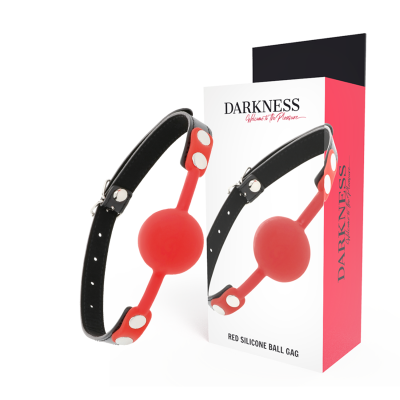Bola de silicone vermelha com correia preta ajustável e embalagem da marca DARKNESS