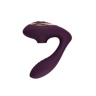 Produto em silicone roxo com detalhe dourado e forma curva