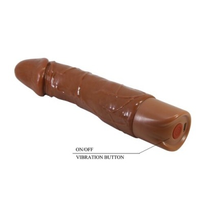 Vibrador castanho realista com botão de ligar/desligar vermelho na base
