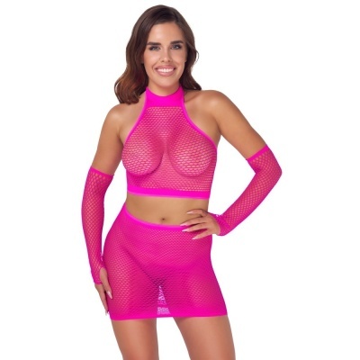 Conjunto rosa choque de roupa íntima de rede com top, saia e luvas longas