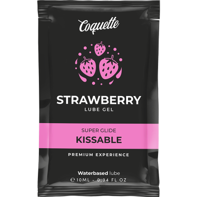 Pacote preto com detalhes cor-de-rosa de gel lubrificante sabor morango