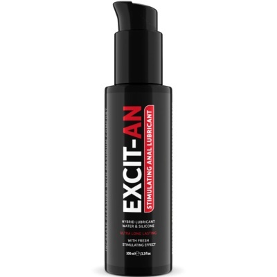 Frasco preto de lubrificante anal EXCIT-AN com tampa de bomba e texto em vermelho e branco.