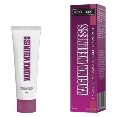 Tubo branco e caixa roxa de creme Vagina Wellness para mulheres