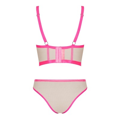 Conjunto de lingerie bege com rosa fluorescente, vista traseira, soutiens e cuecas.