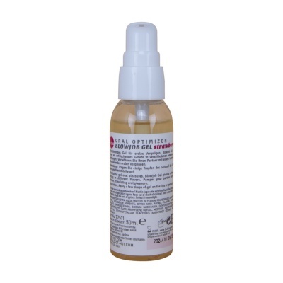 Frasco pequeno com doseadora branca e rótulo de gel oral sabor morango