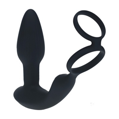 Plug anal preto em silicone com base e dois anéis flexíveis