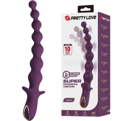 Vibrador roxo ondulado e respetiva caixa da marca Pretty Love
