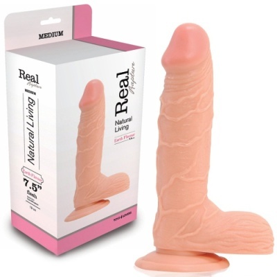 dildo realista cor pele com base ventosa e embalagem branca e rosa