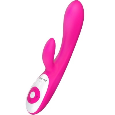 Vibrador cor-de-rosa com base branca e botões de controlo.