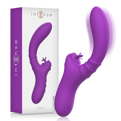 Vibrador roxo em silicone com extensão dupla, ao lado da embalagem branca e roxa Intense HARRY