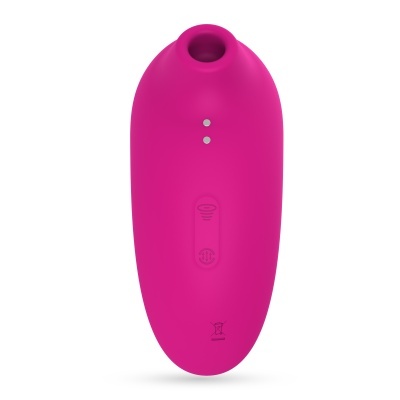 Dispositivo rosa em silicone com botões metálicos e símbolos gravados